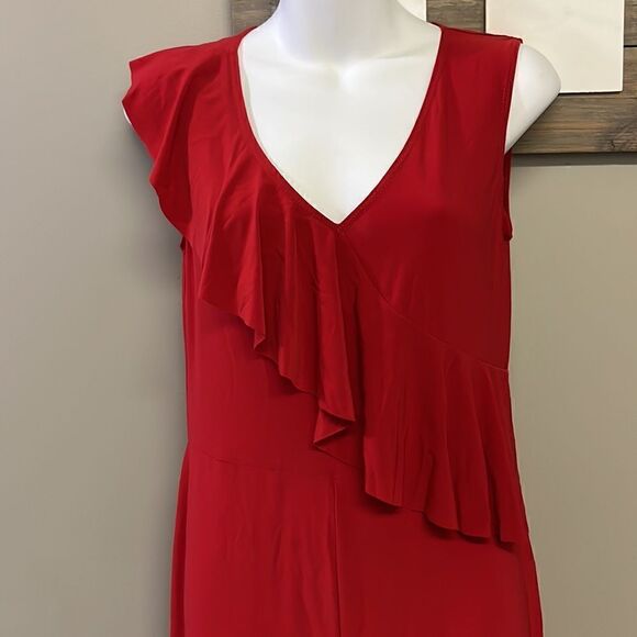Bebe Red V-Neck Sleeveless Ruffled Wide Leg Back Zip-Up Jumpsuit- Size 6 - Picture 3 of 16